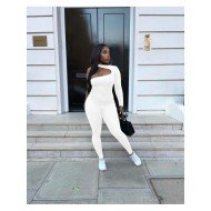 Cut Out One Sleeve White Jumpsuits 