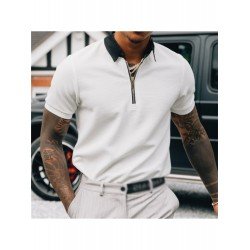 Men's Summer Contrast Color Zipper Up Polo Shirt  Men's Summer Contrast Color Zipper Up Polo Shirt