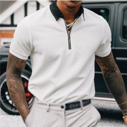  Men's Summer Contrast Color Zipper Up Polo Shirt