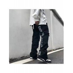 Letter Embroidery Ripped Black Straight Leg Jeans Letter Embroidery Ripped Black Straight Leg Jeans