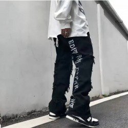 Letter Embroidery Ripped Black Straight Leg Jeans