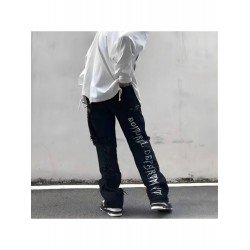 Letter Embroidery Ripped Black Straight Leg Jeans Letter Embroidery Ripped Black Straight Leg Jeans