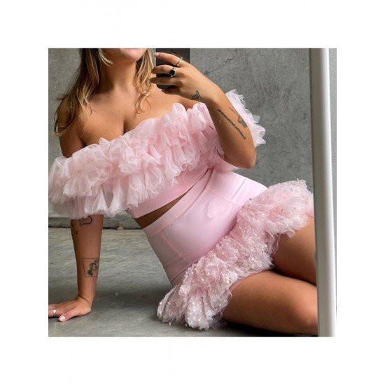  Sexy Off Shoulder Gauze Pure Color Skirt Suit