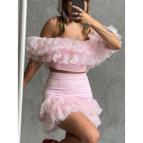 Sexy Off Shoulder Gauze Pure Color Skirt Suit