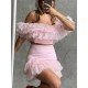  Sexy Off Shoulder Gauze Pure Color Skirt Suit