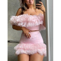 Sexy Off Shoulder Gauze Pure Color Skirt Suit  Sexy Off Shoulder Gauze Pure Color Skirt Suit