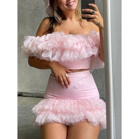  Sexy Off Shoulder Gauze Pure Color Skirt Suit