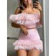  Sexy Off Shoulder Gauze Pure Color Skirt Suit