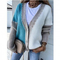  2024 Loose V-Neck Knitting Colorblock Cardigan Sweater