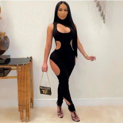 Cut Out Black Skinny Mock Neck Women Jumpsuits