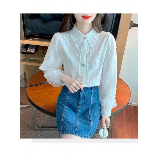  2024 Temperament Pure Color Bead Lace Shirt
