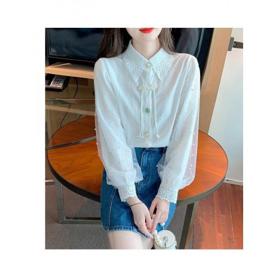  2024 Temperament Pure Color Bead Lace Shirt