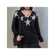 Star Pattern V Neck Black Pullover Sweaters