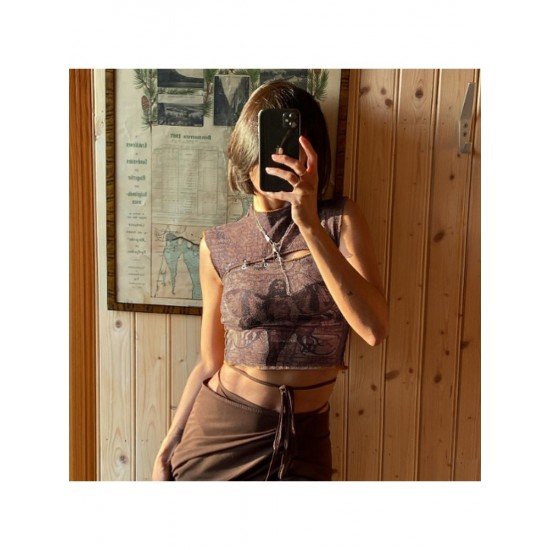  New 2024 Round Neck Printing Patchwork Crop Vest
