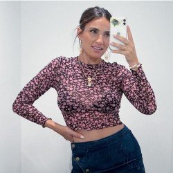 Sexy Floral Long Sleeve Stringy Selvedge Crop Tops 
