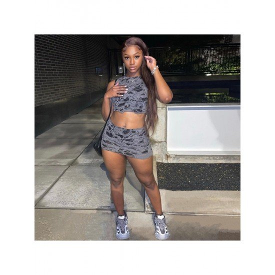  2024 Summer Ripped Navel Top And Short Skirt Sets
