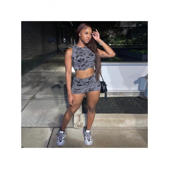  2024 Summer Ripped Navel Top And Short Skirt Sets