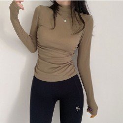 Fall Solid Ruched Turtle Neck Long Sleeve T Shirts