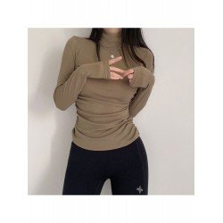 Fall Solid Ruched Turtle Neck Long Sleeve T Shirts Fall Solid Ruched Turtle Neck Long Sleeve T Shirts