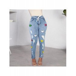 Fashion Heart Printed Ripped Women's Denim Jeans  Fashion Heart Printed Ripped Women's Denim Jeans