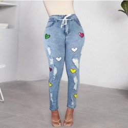  Fashion Heart Printed Ripped Women's Denim Jeans