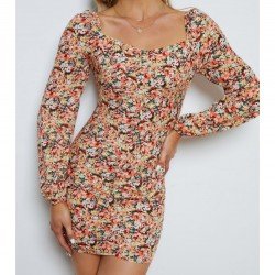 Vintage Backless Puff Sleeve Floral Short Dress