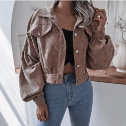  Lantern Sleeve Corduroy Pure Color Short Coats