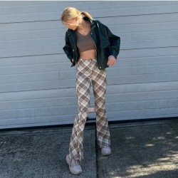 Elastic Waist Plaid Flare Trousers For Ladies
