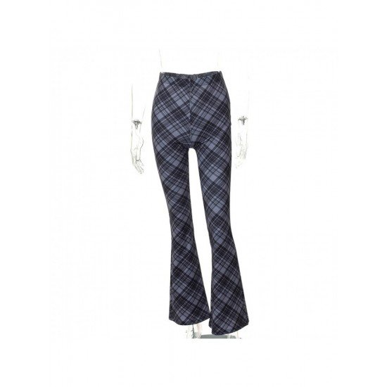 Elastic Waist Plaid Flare Trousers For Ladies