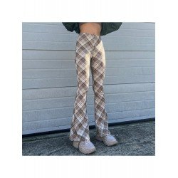 Elastic Waist Plaid Flare Trousers For Ladies Elastic Waist Plaid Flare Trousers For Ladies