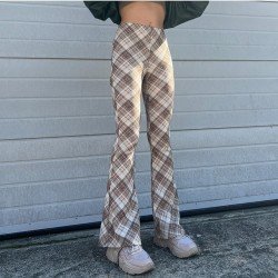 Elastic Waist Plaid Flare Trousers For Ladies