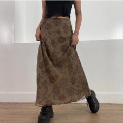 Vintage Brown Loose Floral Maxi Skirts For Ladies