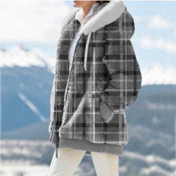  2024 Winter Hooded Plaid Plush Women's Coats