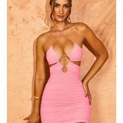 Sexy Ruched Halter Backless Bodycon Mini Dress