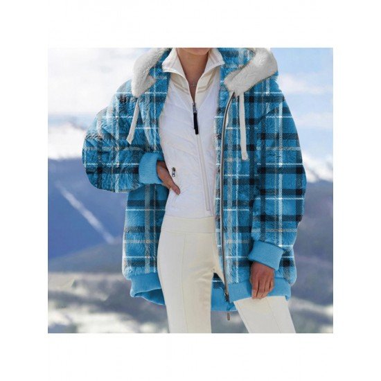  2024 Winter Hooded Plaid Plush Women's Coats