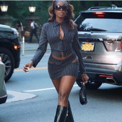 Sexy Striped Cut Out Mini Skirt And Top Sets