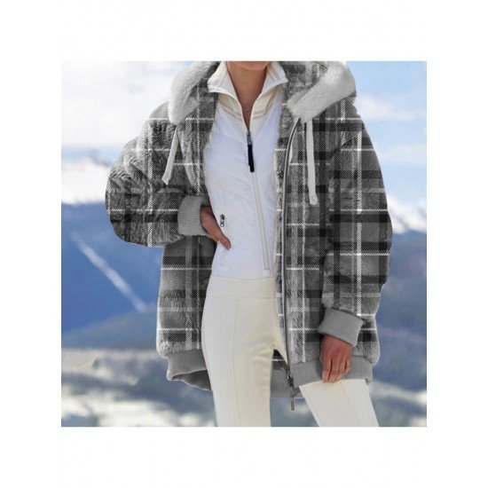  2024 Winter Hooded Plaid Plush Women's Coats