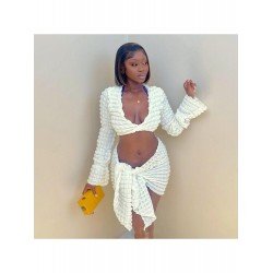 V Neck Flare Sleeve Matching Mini Skirt And Top Sets