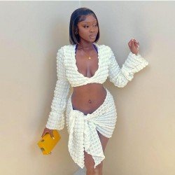 V Neck Flare Sleeve Matching Mini Skirt And Top Sets