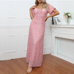  Summer Pure Color Sequins Backless Party Dress