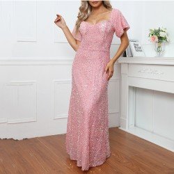  Summer Pure Color Sequins Backless Party Dress