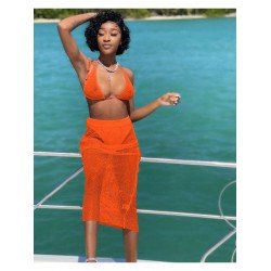  Sexy Gauze Halter Backless Pure Color Skirt Swimsuit 