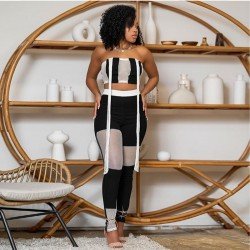 Color Blocking Strapless Matching Cropped Top And Trouser Sets