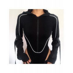 Stylish Hooded Collar Long Sleeve Black Bodysuits