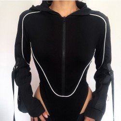 Stylish Hooded Collar Long Sleeve Black Bodysuits