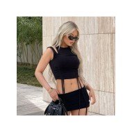  Pure Color Drawstring Crop Top And Skirt Suits