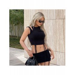 Pure Color Drawstring Crop Top And Skirt Suits  Pure Color Drawstring Crop Top And Skirt Suits