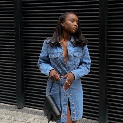 Street Solid Button Up Denim Long Sleeve Short Dress