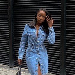 Street Solid Button Up Denim Long Sleeve Short Dress