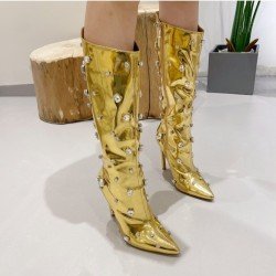  PU Pointed Rhinestone Women's High Heel Boots